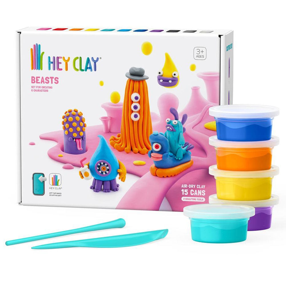 HEY CLAY - Beasts Set-Colourful Modeling Kids-Air Dry Clay Kit 15 cans and Sculpting Tools with Fun Interactive Instructions App, Multicoloured