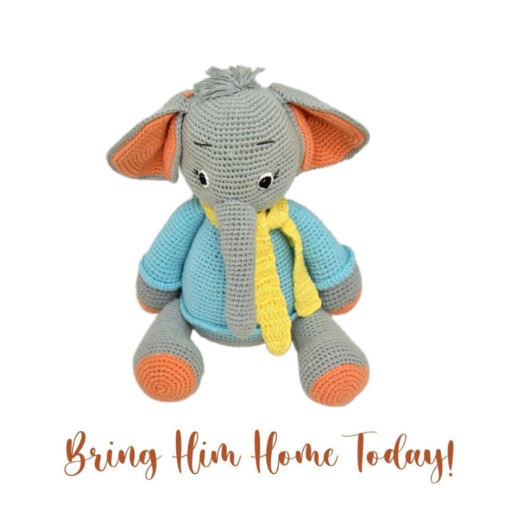 Happy Threads Handmade Crocheted Dusty the Elephant (13 inch) – Multicolor | Crochet Toys | Child Safe | for Babies 6 Months & Above | Dolls for Boys/Girls| For Birthday Gift | Decorative Items for Room