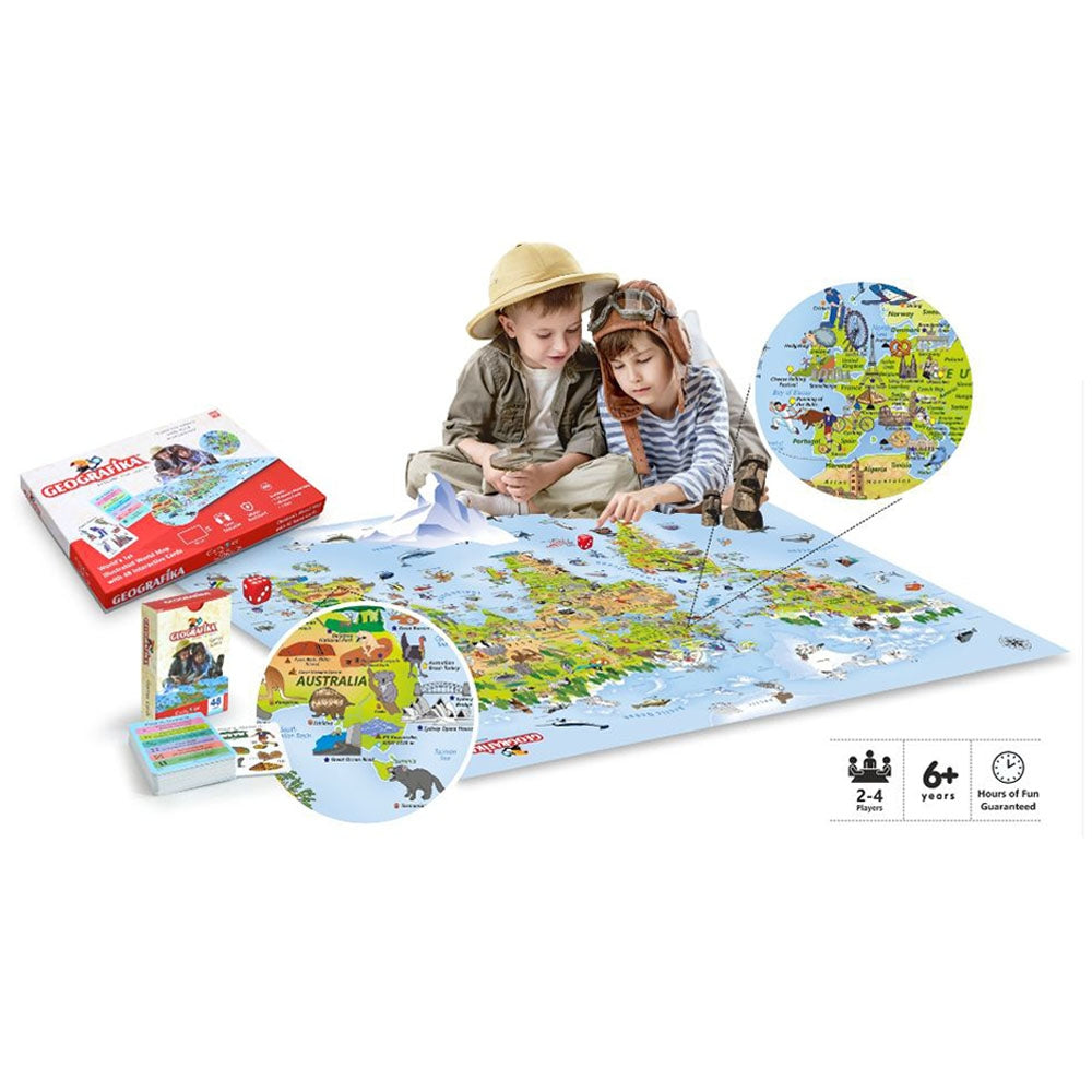 Unik Play - Geografika | Educational Game, World Map Board Game, Geography Illustrated Map with Cards | Learning Tools for Boys & Girls