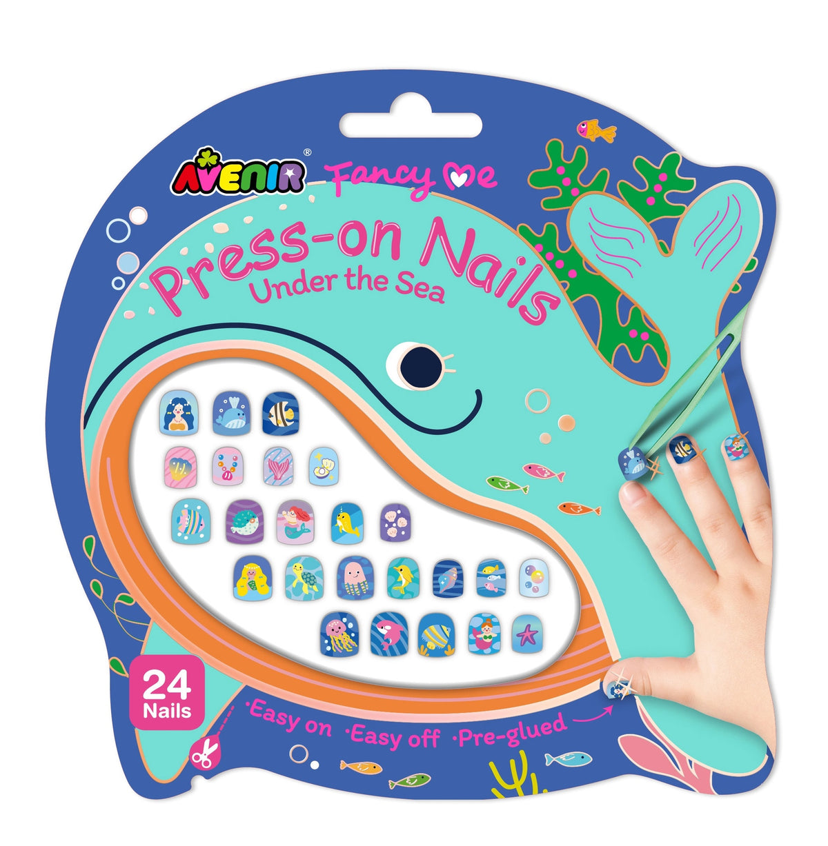 Avenir - Fancy Me Press-On Nails for Kids – Under the Sea | 24 Pre-Glued Artificial Nails with Tweezer | Easy Apply & Remove | Fun Nail Art Kit for Girls & Gift Set