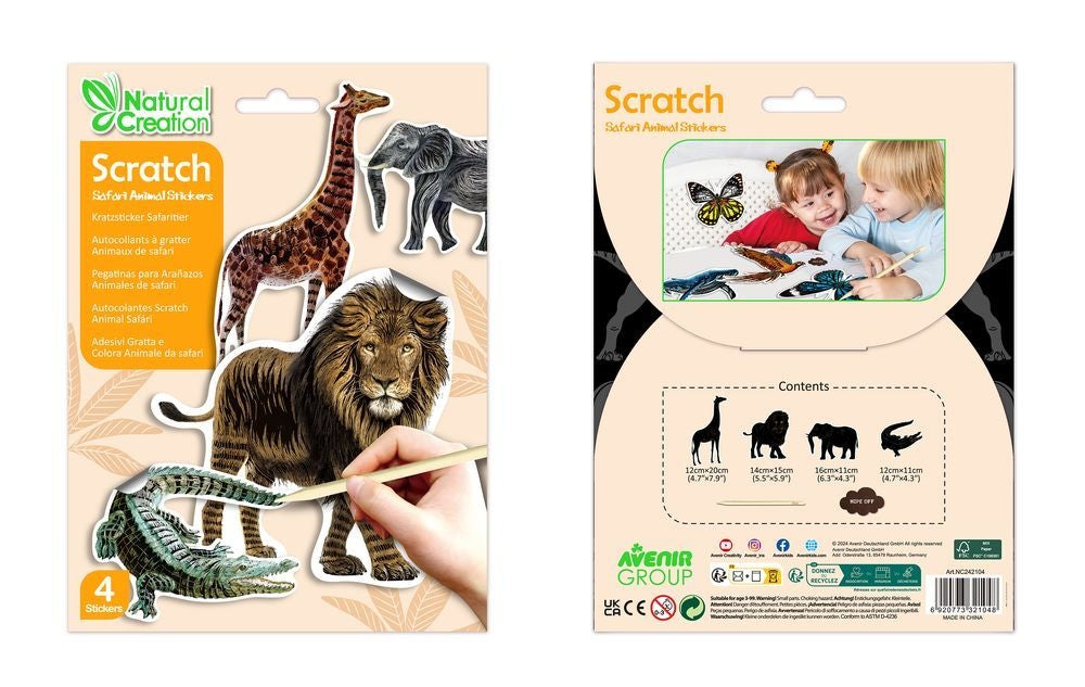 Avenir - Natural Creation Scratch Safari Animals Stickers – Lion, Elephant, Giraffe, Crocodile | Creative Scratch Art Sticker Kit for Kids | Educational Animal Fun