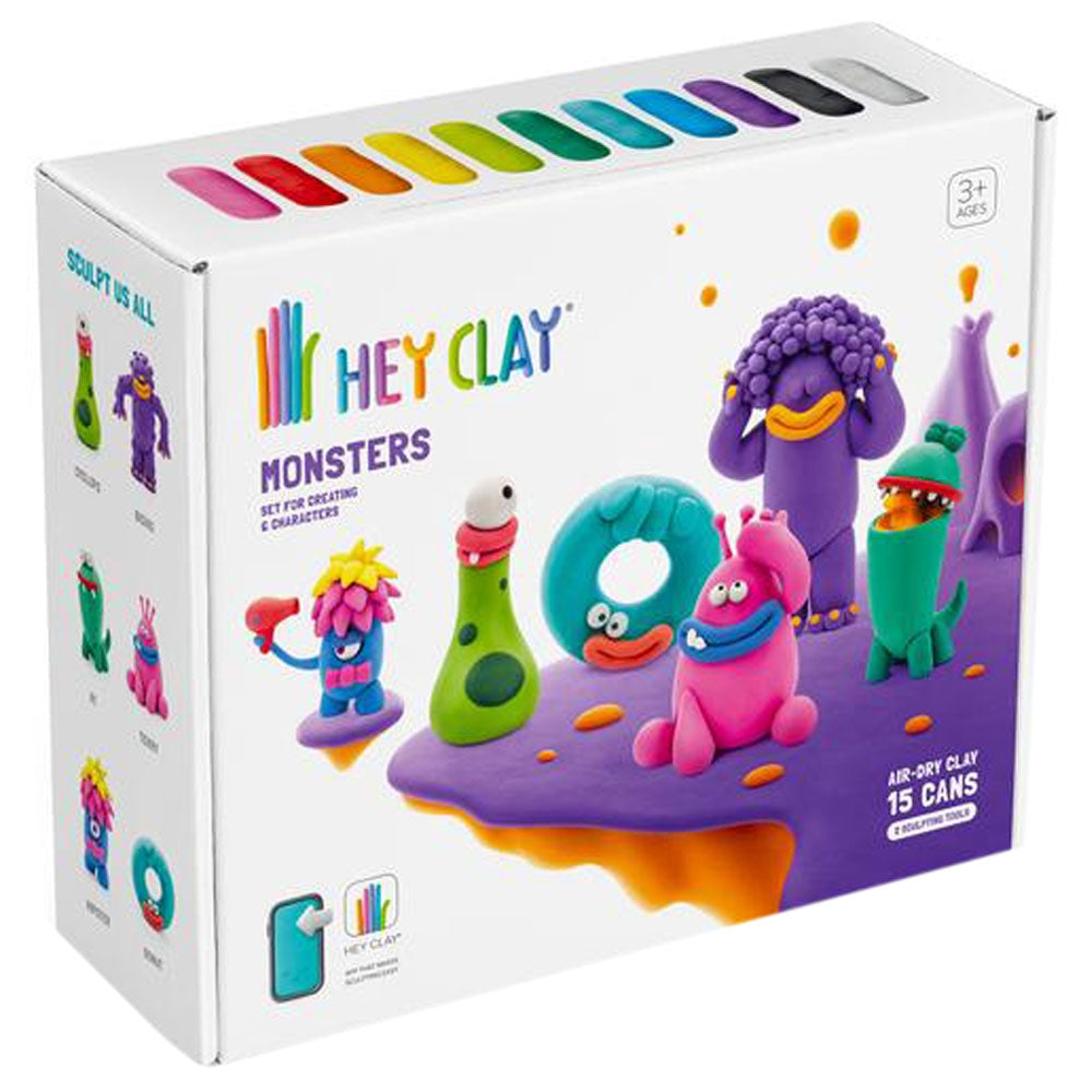 HEY CLAY - Monsters Set-Colourful Modeling Kids-Air Dry Clay Kit 15 cans and Sculpting Tools with Fun Interactive Instructions App, Multicoloured