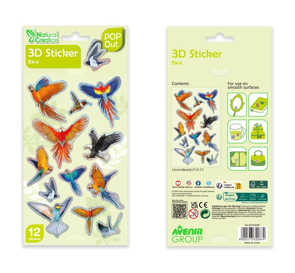 Avenir - Natural Creation 3D Bird Stickers – 12 Puffy Decorative Stickers | Creative Craft & Scrapbooking Stickers for Kids, Journals, Cards & Gifts