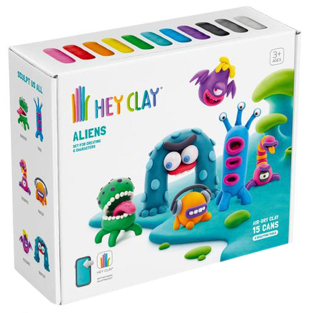 HEY CLAY - Aliens Set-Colourful Modeling Kids-Air Dry Clay Kit 15 cans and Sculpting Tools with Fun Interactive Instructions App, Multicoloured
