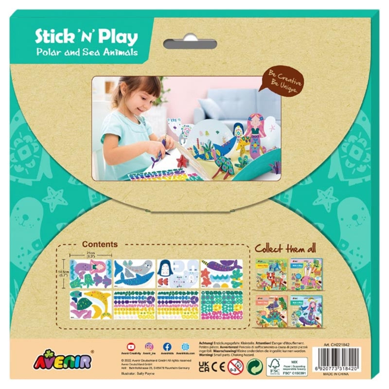 Avenir Stick 'N Play Series - Polar & Sea Animals | 200+ Reusable Stickers for Endless Fun! Create Play Scenes with 8 Illustrated Theme Cards, Make Your Own Animal Figures | For Kids 3+