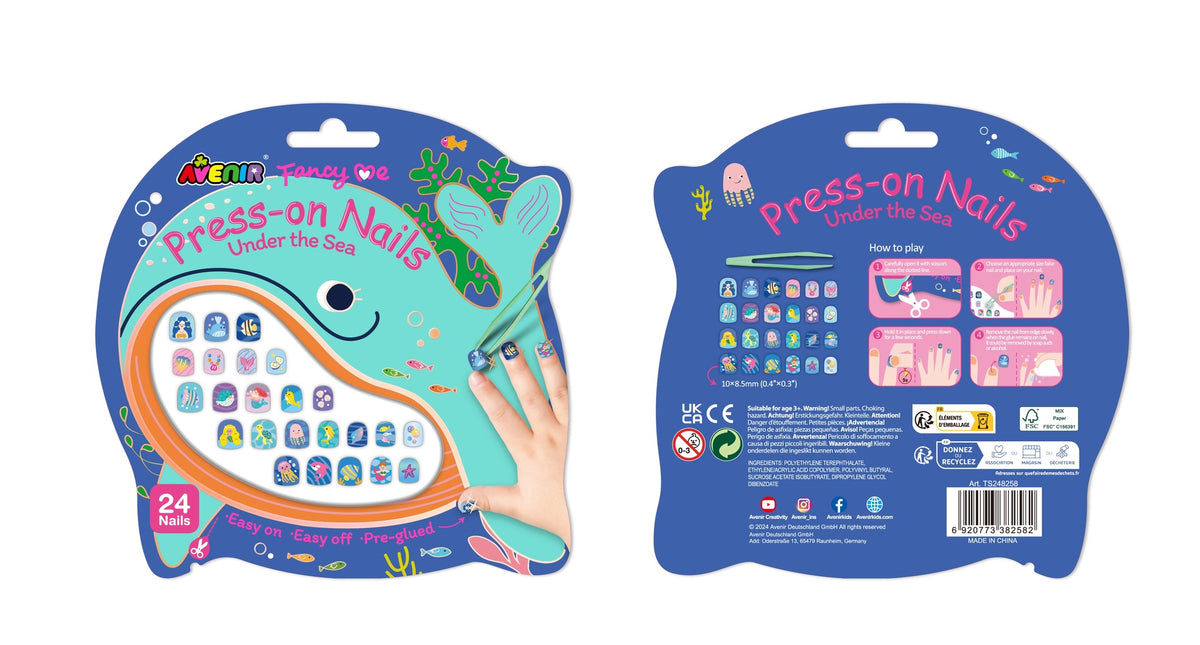 Avenir - Fancy Me Press-On Nails for Kids – Under the Sea | 24 Pre-Glued Artificial Nails with Tweezer | Easy Apply & Remove | Fun Nail Art Kit for Girls & Gift Set