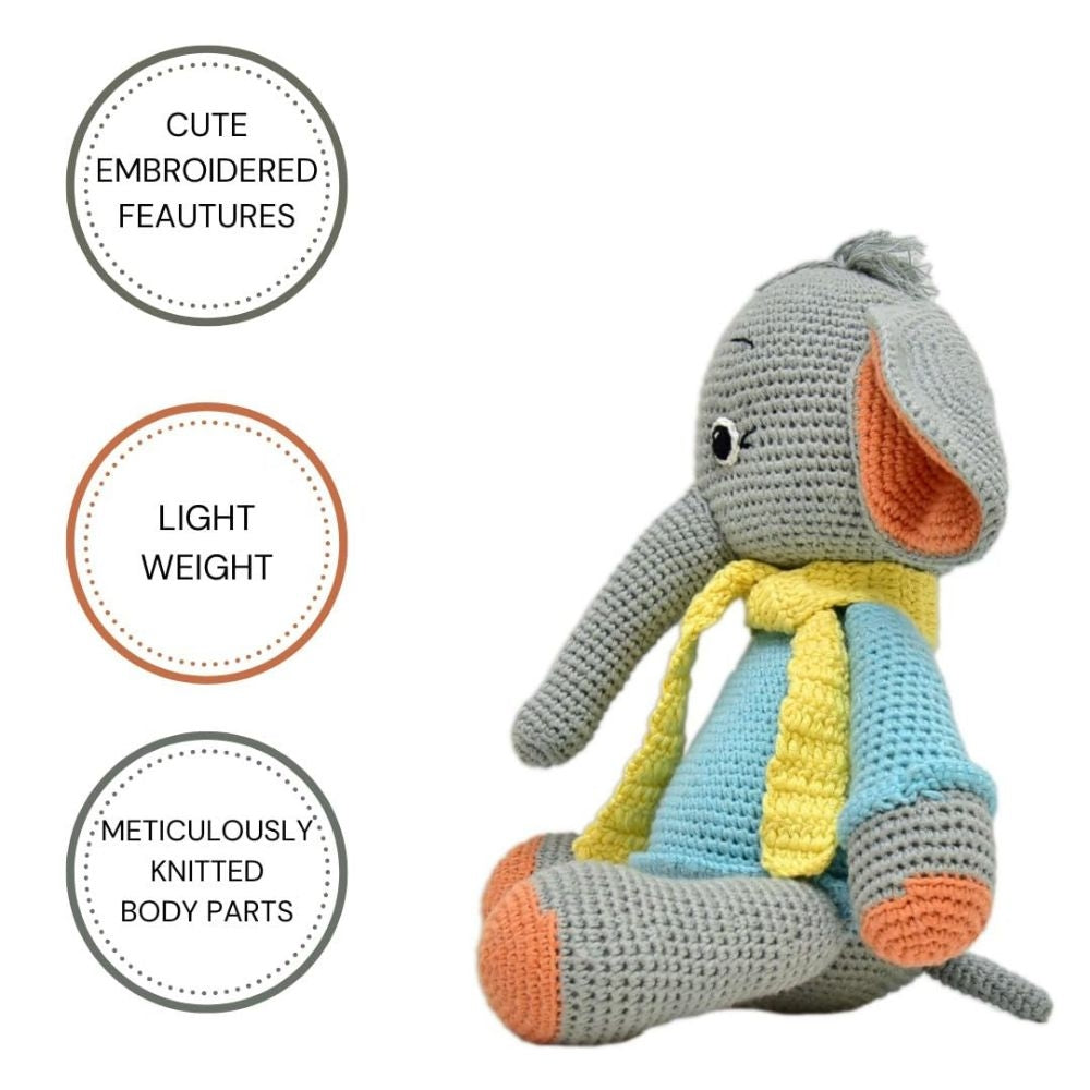 Happy Threads Handmade Crocheted Dusty the Elephant (13 inch) – Multicolor | Crochet Toys | Child Safe | for Babies 6 Months & Above | Dolls for Boys/Girls| For Birthday Gift | Decorative Items for Room