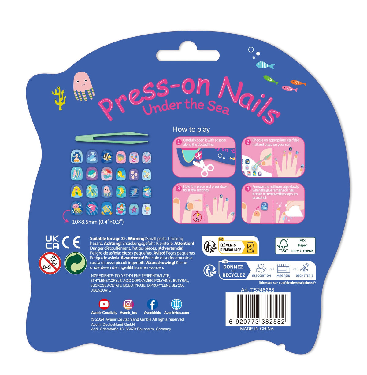 Avenir - Fancy Me Press-On Nails for Kids – Under the Sea | 24 Pre-Glued Artificial Nails with Tweezer | Easy Apply & Remove | Fun Nail Art Kit for Girls & Gift Set