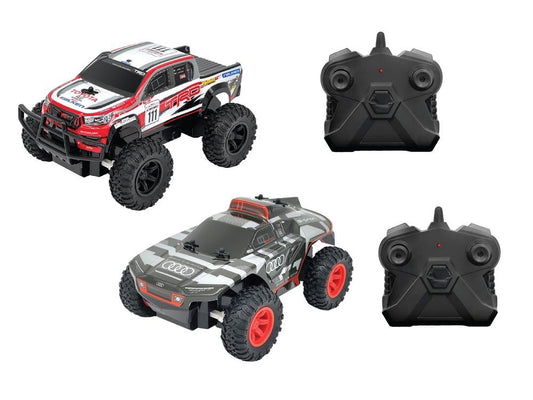 D-power - 1:24 Scale Twin RC Car Set – AUDI RS Q e-tron Dakar Rally & TOYOTA HILUX AXCR | 2.4GHz Remote Control Off-Road Truck Set with Batteries Included | For Kids Ages 6+
