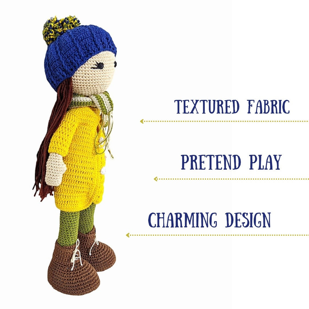 Happy Threads Handmade Crocheted Kelly Doll (12 inch) – Yellow | Crochet Toys | Child Safe | for Babies 6 Months & Above | Dolls for Boys/Girls| for Birthday Gift | Decorative Items for Room