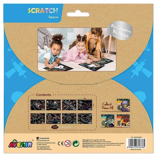 Avenir Scratch Art Kit – Space | Unleash Creativity with Vibrant Drawings! 4 Themed Scratch Boards and Scratch Tool | Watch Brilliant Colors Unfold, Engaging Activity for Young Artists 3+
