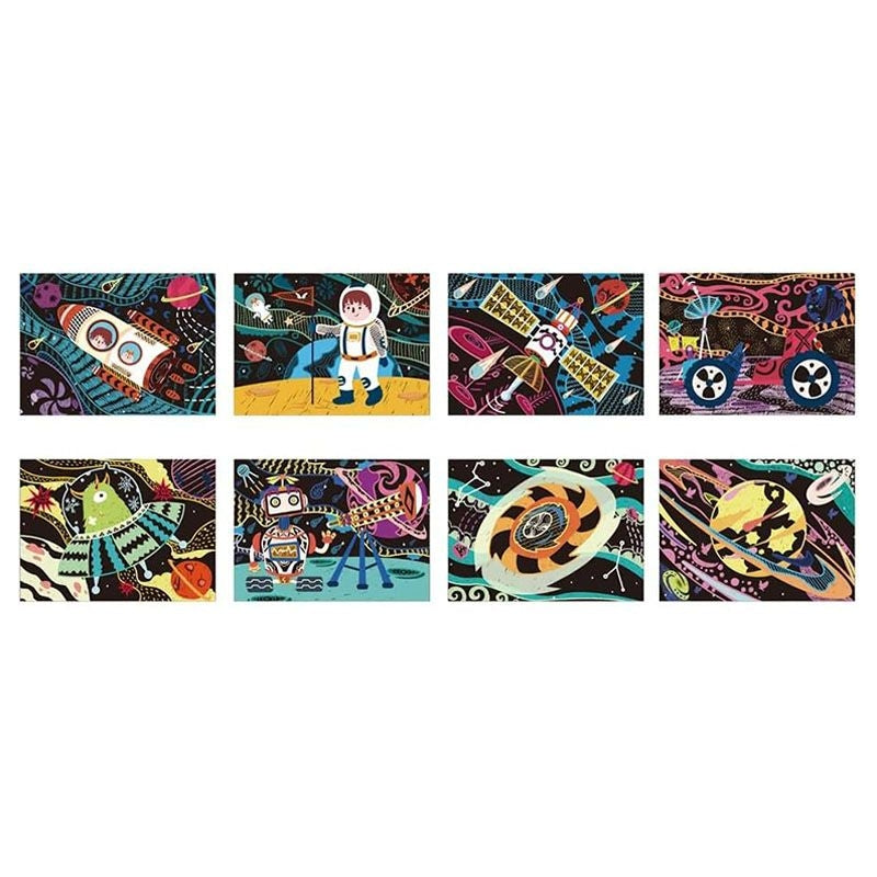Avenir Scratch Art Kit – Space | Unleash Creativity with Vibrant Drawings! 4 Themed Scratch Boards and Scratch Tool | Watch Brilliant Colors Unfold, Engaging Activity for Young Artists 3+