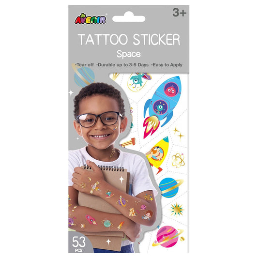 Avenir Tattoo Sticker - Space | 53pc Set of Temporary Tattoos - High-Quality Water-Based Ink - Safe and Easy to Apply and Remove - Lasts 3-5 Days for Kids 3+