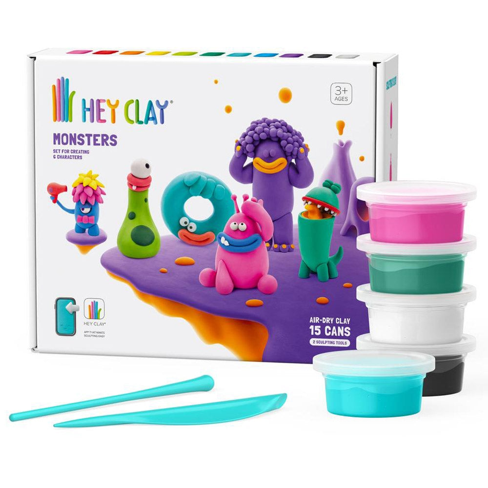 HEY CLAY - Monsters Set-Colourful Modeling Kids-Air Dry Clay Kit 15 cans and Sculpting Tools with Fun Interactive Instructions App, Multicoloured