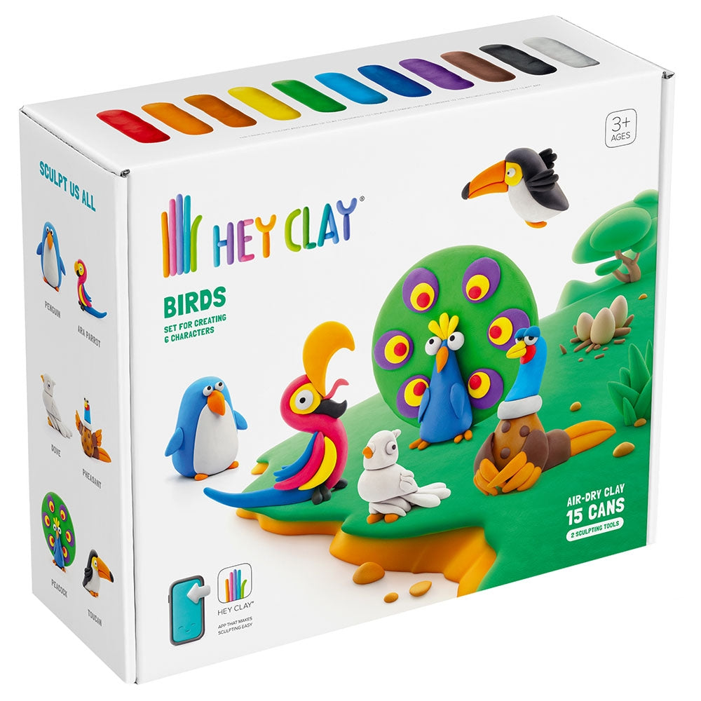 HEY CLAY - Birds Set-Colourful Modeling Kids-Air Dry Clay Kit 15 cans and Sculpting Tools with Fun Interactive Instructions App, Multicoloured