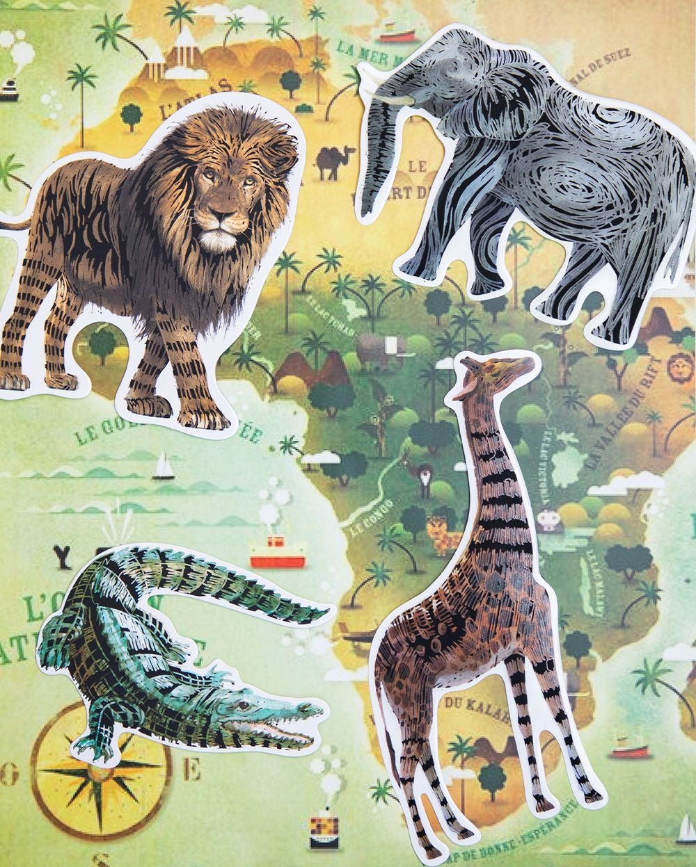 Avenir - Natural Creation Scratch Safari Animals Stickers – Lion, Elephant, Giraffe, Crocodile | Creative Scratch Art Sticker Kit for Kids | Educational Animal Fun