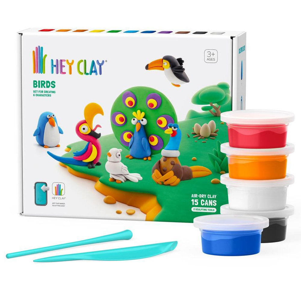HEY CLAY - Birds Set-Colourful Modeling Kids-Air Dry Clay Kit 15 cans and Sculpting Tools with Fun Interactive Instructions App, Multicoloured