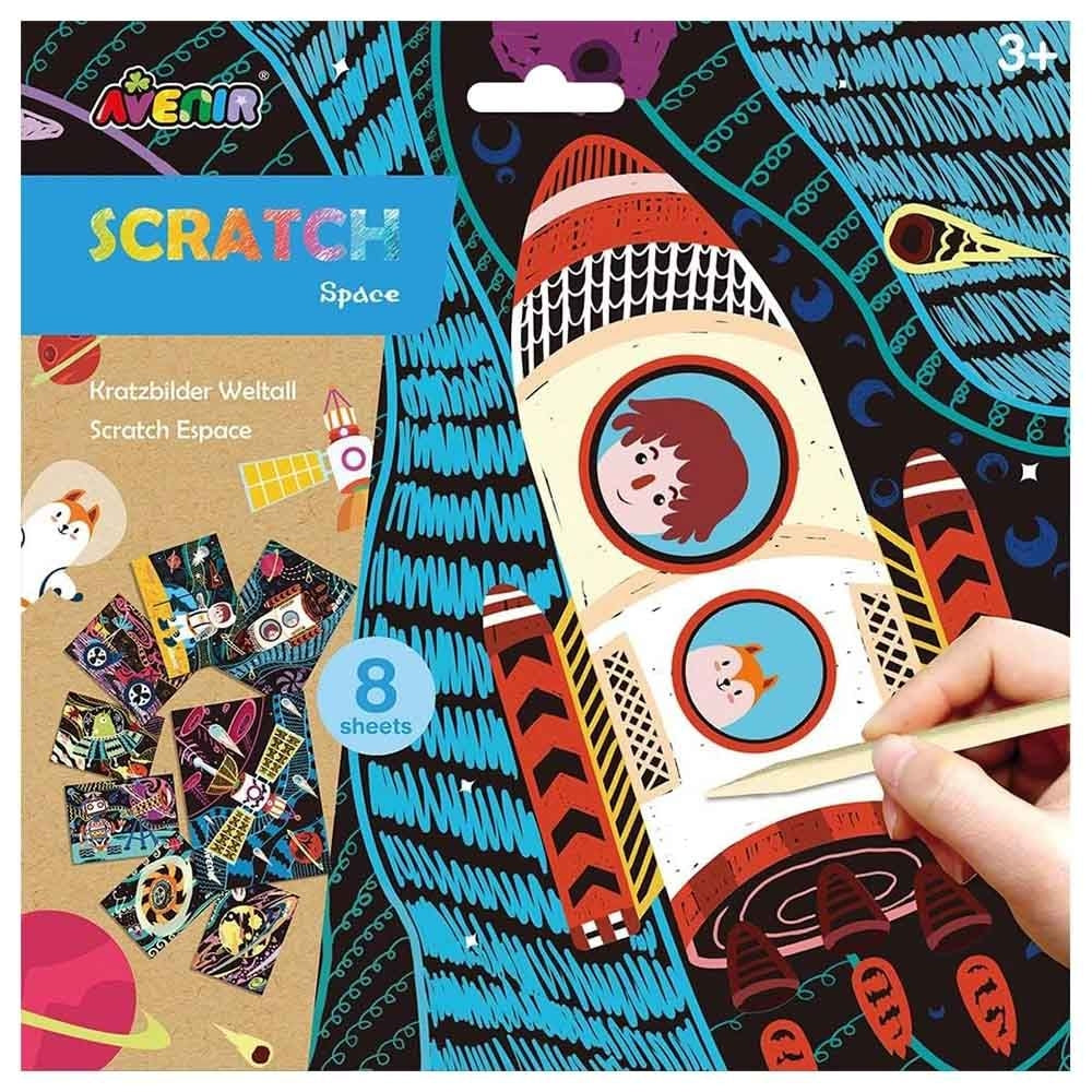 Avenir Scratch Art Kit – Space | Unleash Creativity with Vibrant Drawings! 4 Themed Scratch Boards and Scratch Tool | Watch Brilliant Colors Unfold, Engaging Activity for Young Artists 3+