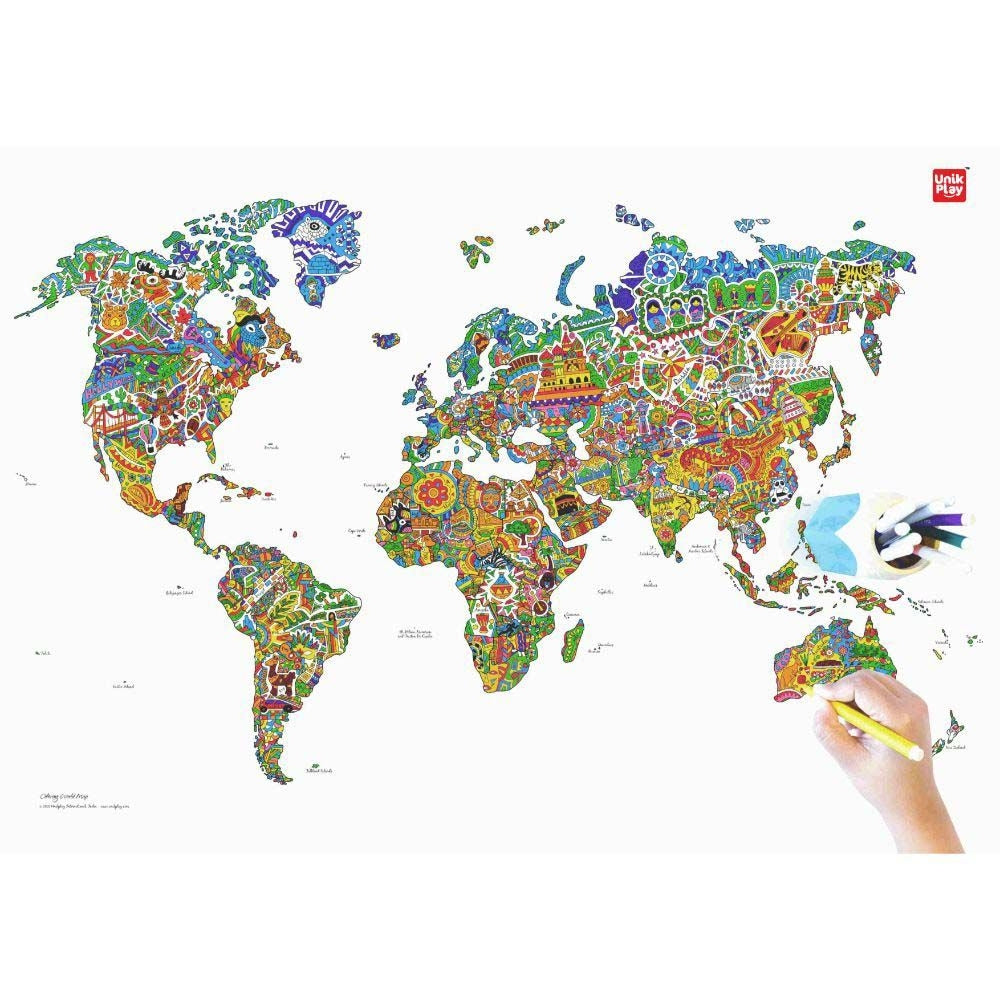 Unik Play - Colouring World Map Geography | Adult Colouring Wall Poster, Party Activity Home, Décor Painting Gifts