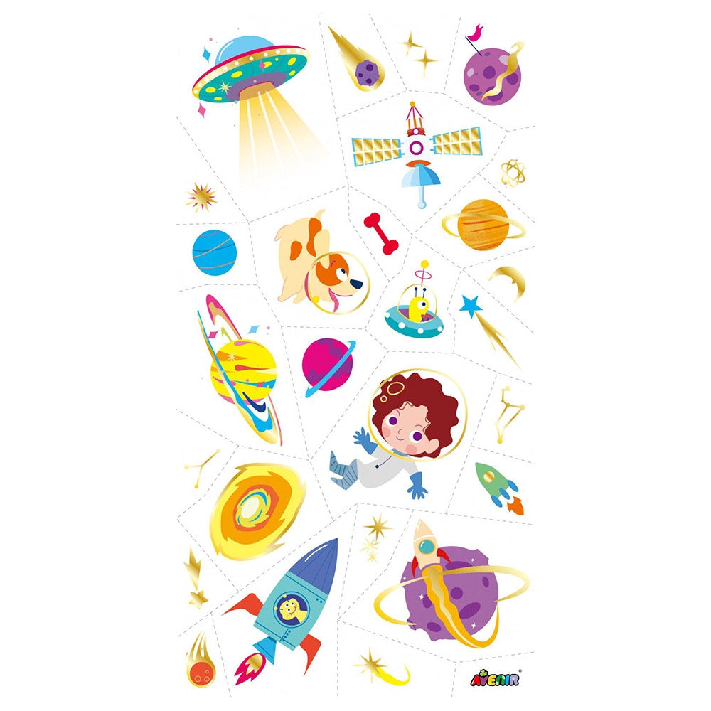 Avenir Tattoo Sticker - Space | 53pc Set of Temporary Tattoos - High-Quality Water-Based Ink - Safe and Easy to Apply and Remove - Lasts 3-5 Days for Kids 3+