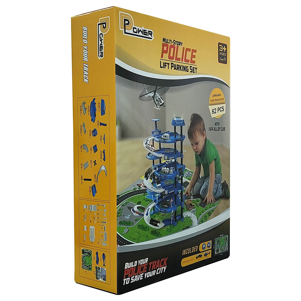 D-POWER – Multi Level Lift Parking Set | 5 Storied DIY Build Set, Theme – Police Station | 82pc Set, Kids Age 3+